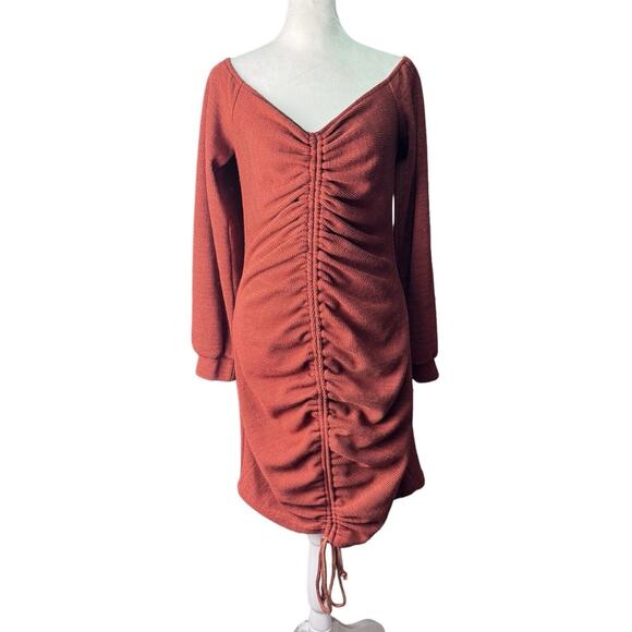 Lulus Aurinda Rust Orange Ruched Off The Shoulder Bodycon Tie Dress, Size Large - Picture 2 of 9